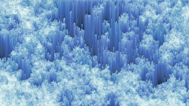 Pixel sorting loop, glitch art. Ice melting. Blue and white abstract background.