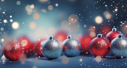Obraz na płótnie Canvas Red and blue Christmas balls on the background of lights in defocus. Abstract bokeh backdrop. New year and Christmas background footage.