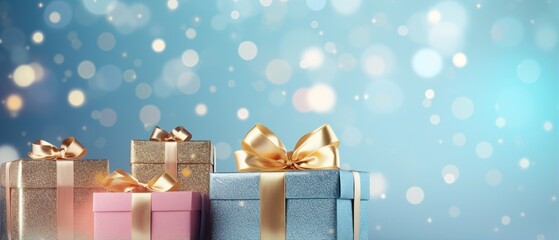 Gifts in beautiful packaging boxes with bows on a blue background and lights in defocus. Abstract...