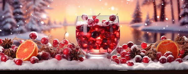 Christmas drink with red berries, cones, cinnamon and orange on the background of forest and...