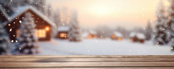 A wooden table against the background of a winter forest, houses and snowfall in defocus. Abstract bokeh backdrop. New year and Christmas background footage.