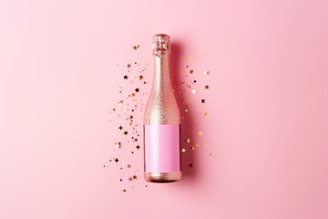 A golden bottle of champagne on a pink background with golden stars. The Flatley concept. New year...