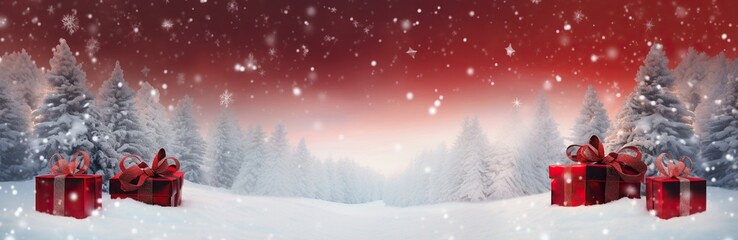 Christmas gifts in red packages against the background of a winter forest and snowfall in defocus....