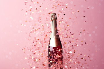 Pink bottle of champagne on a pink background with colorful confetti. The Flatley concept. New year...