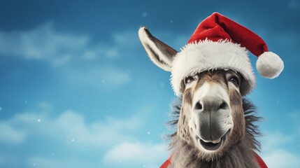 A close-up of a donkey with a Santa hat on its head. Blue sky background.