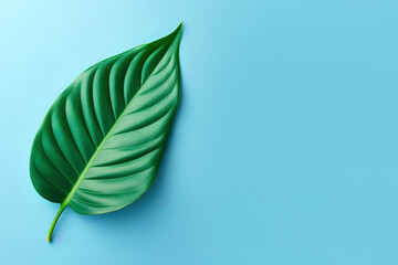 Green tropical leaf on a blue background with copy space