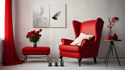 Red wingback chair and white sofa in bright room
