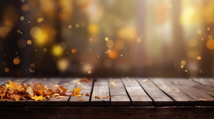 Wooden table with blurred autumn background