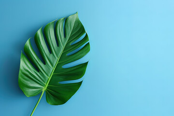 Green tropical leaf on a blue background with copy space