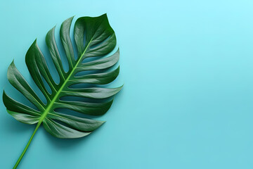 Green tropical leaf on a blue background with copy space