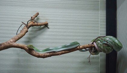 a green snake hanging on a branch...