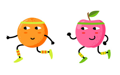 Cute funny fruits jogging. Funny health and fitness illustration with Cartoon apple and orange characters. Kawaii style. Fruits workout characters concept. Vector.