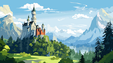 simple vector flat vector illustration, Neuschwanstein Castle in a wonderful alpine landscape. Neuschawnstein Castle in the Bavarian Alps. Beautiful trave destination. Bavaria. - obrazy, fototapety, plakaty