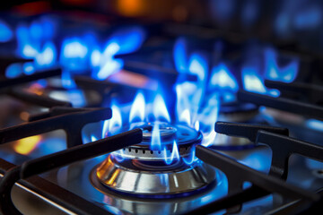 Close up of gas burning on modern kitchen in background of gas stove and blue or orange gas flame on hab.  Abstract concept of Fire and equipment. - obrazy, fototapety, plakaty