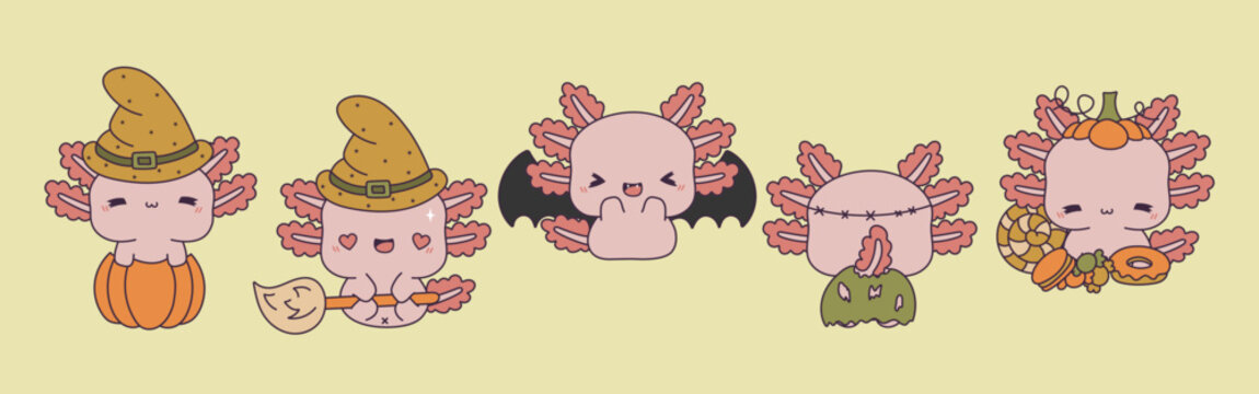 Set of Vector Halloween Axolotl Illustrations. Collection of Kawaii Isolated Halloween Amphibian Dog