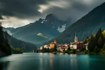 A serene mountain village, nestled in a valley, surrounded by nature's silent majesty