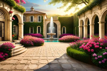 A beautiful  garden courtyard with a stone fountain surrounded by blooming roses - obrazy, fototapety, plakaty