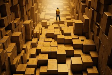 Distribution warehouse with the business SME owner or deliveryman person standing among the pile of parcel boxes in storehouse background.