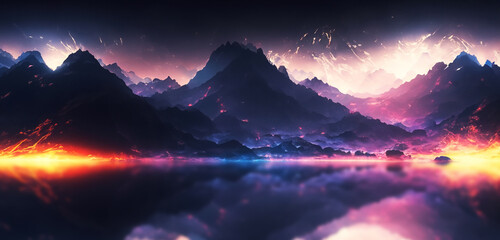 Panorama of mountains in a fantasy land with the complexity of colorful and mysterious light and shadow