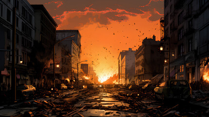 a downtown city street devoid of people after rioting and looting. a dystopian scene in the style of a graphic novel