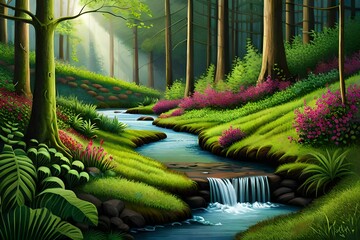 A tranquil woodland grove with a babbling brook winding through a carpet of ferns