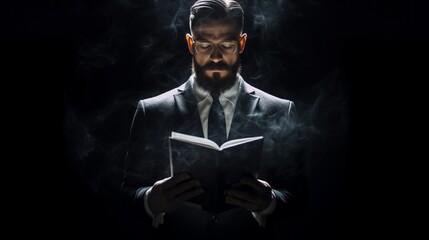 Double exposure of a businessman with a beard wearing a black shirt, spectacles, and clutching a modern notepad in his hands - obrazy, fototapety, plakaty