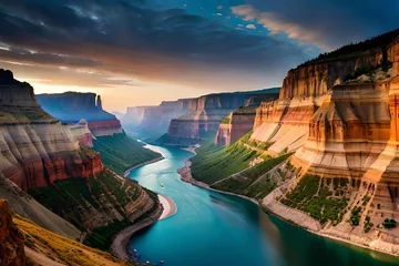 Foto op Canvas A rugged canyon carved by time, with sheer cliffs and a river winding through the depths © Muhammad