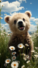 A cute little bear played happily on the green grass