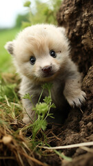 A cute little bear played happily on the green grass