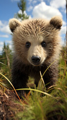 Obraz premium A cute little bear played happily on the green grass