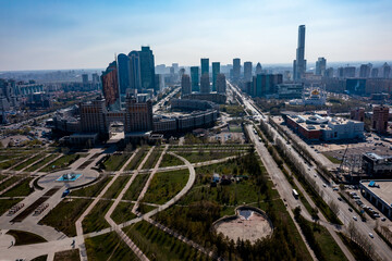 Naklejka na ściany i meble Central Asia, Kazakhstan, Astana, aerial view from drone over city center and Opera Theater building.