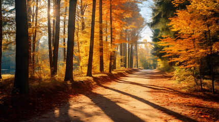 An autumn nature landscape with a sunny forest.