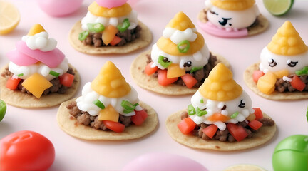 Tartlets decorated with funny food on light background closeup