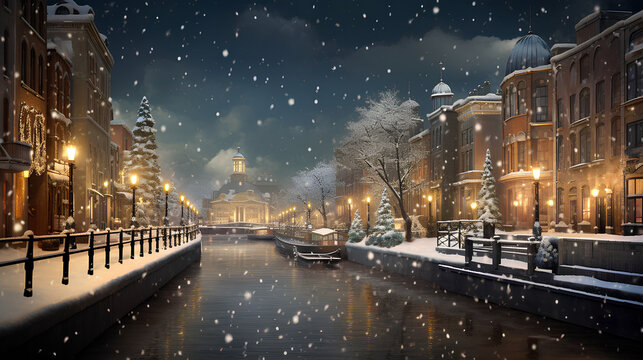 realistic photo of the nighttime view of Canal in the snow