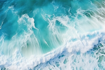 Spectacular aerial top view background photo of ocean sea water white wave splashing in the deep sea.