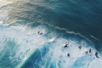 Fototapeta premium Spectacular aerial top view background photo of ocean sea water white wave splashing in the deep sea.