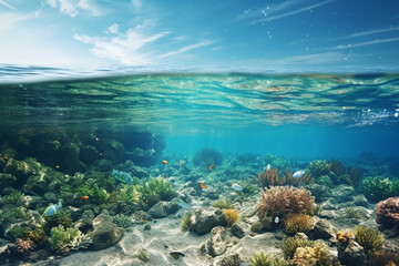 Fototapeta na wymiar Underwater Scene - Tropical Seabed With Reef And Sunshine