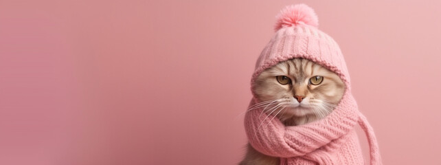 Portrait of a cute cat in warm knitted clothes on a pink background