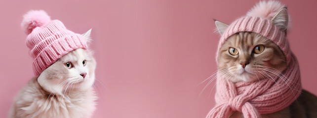 Fototapeta premium Portrait of two cats in warm clothes on a pink background