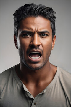 Digital portrait of an angry Asian man screaming isolated on white background. Close up aggressive Indian bearded man. Generative AI 