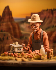 Old Man working on a miniature building - Miniatur Puppen, Claymation, Animation - obrazy, fototapety, plakaty