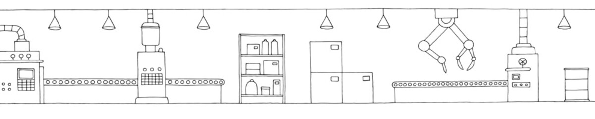 Factory interior graphic black white sketch long illustration vector 