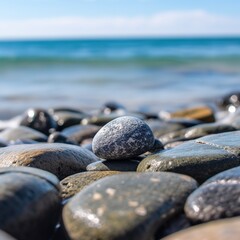 stacks of zen stone pebbles with ocean background 