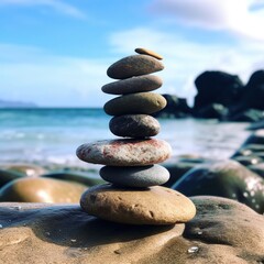 stacks of zen stone pebbles with ocean background 
