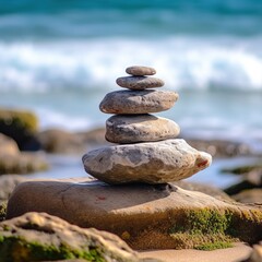 stacks of zen stone pebbles with ocean background 