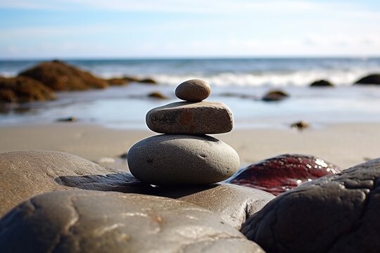 stacks of zen stone pebbles with ocean background 