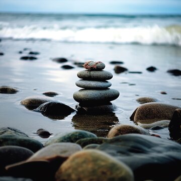 stacks of zen stone pebbles with ocean background 