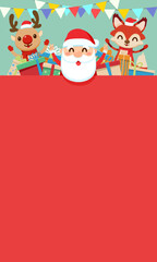 Christmas Santa Claus with friends sneaked behind the red board with multiple gift boxes and empty space. Vector illustration flat design for banner, template, greeting card, and show product.