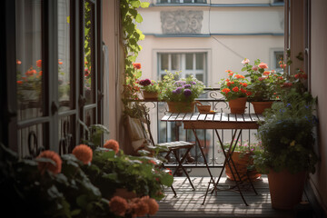 Fototapeta na wymiar Beautiful decorated city terrace with table and decorative plants