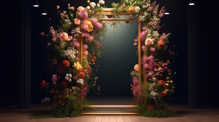 A picture frame with flowers and greenery in it